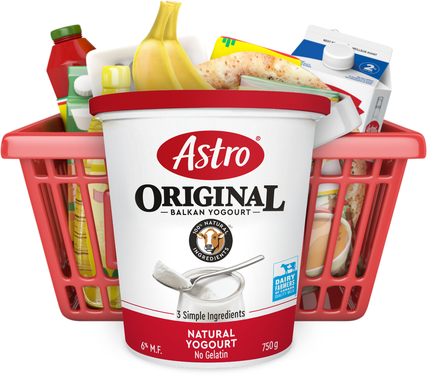 Astro yogourt in front of a basket of groceries